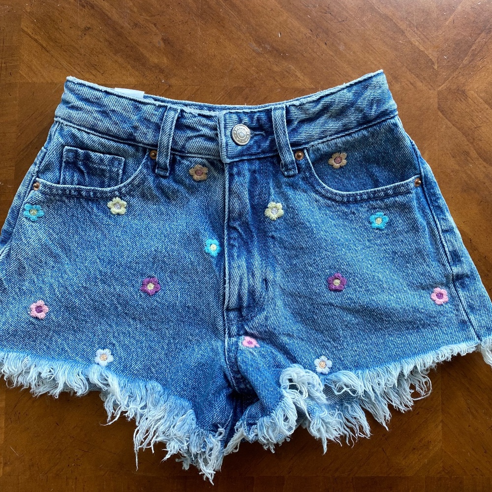 PacSun Flower Embroidered Ultra High Waisted Festival Denim Shorts Size 22